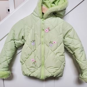 Lime green puffer jacket faux fur trim floral embroidery detail